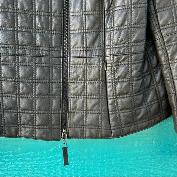 Worth Brown Quilted Leather Luxury Jacket High Neck Zip Front Size 14 - Picture 3 of 10